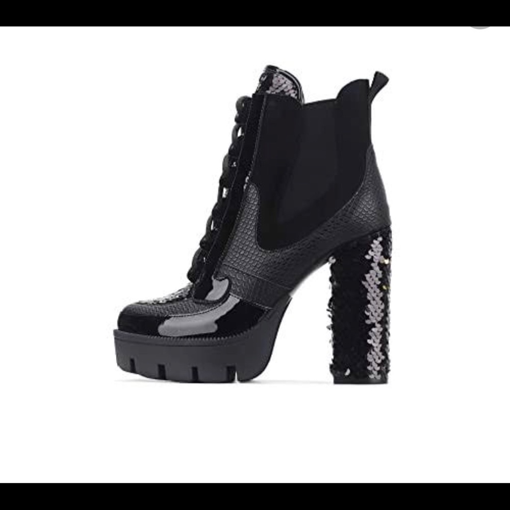 CAPE ROBBIN NELL CHUNKY BLOCK, HIGH HEEL PLATFORM SEQUIN LACE UP BOOTS
